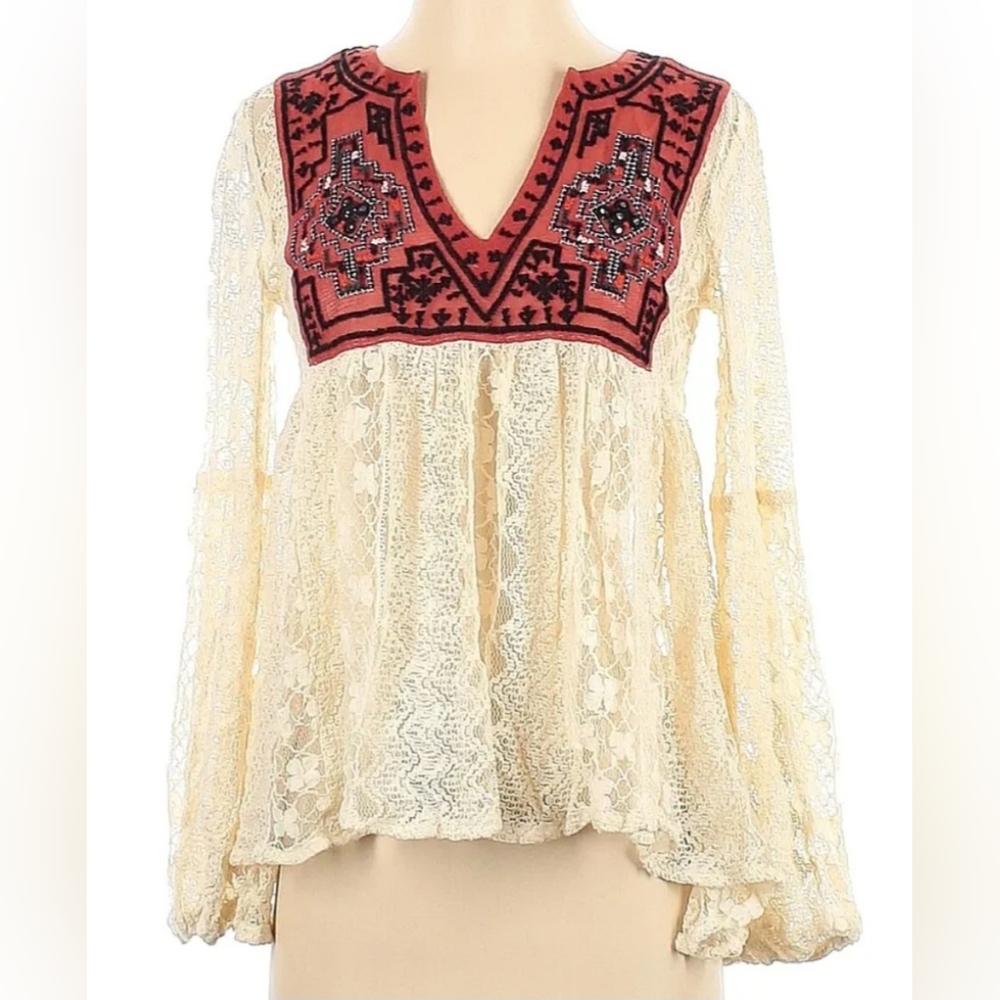 Free People Womens Babydoll Top Off White Tribal Long Sleeve Embroidery Beads